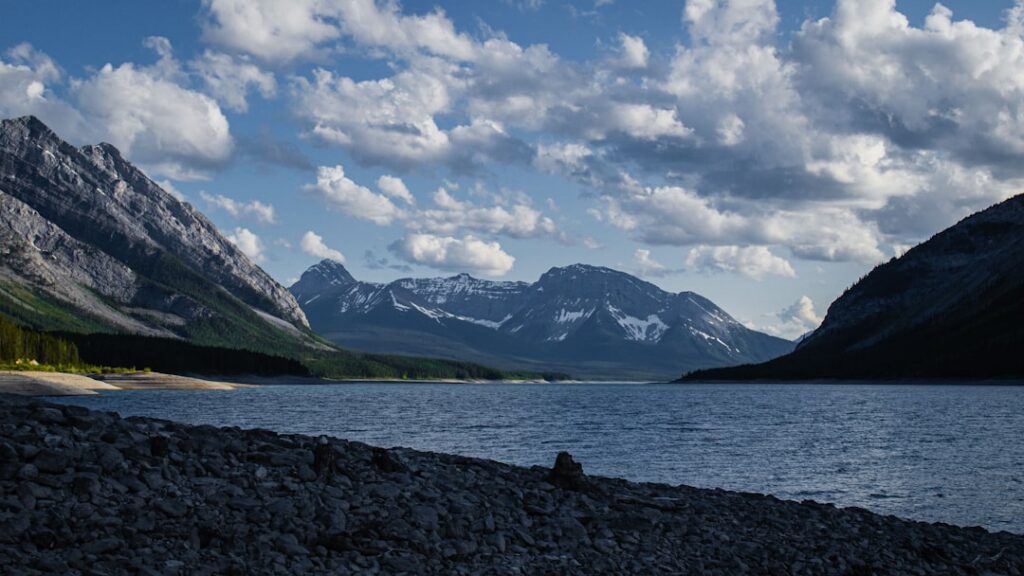 Mountain lake with dramatic clouds and rocky shore