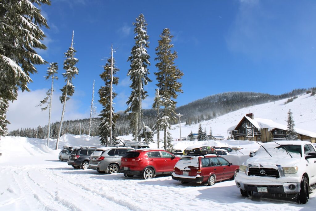 A bunch of cars that are parked in the snow