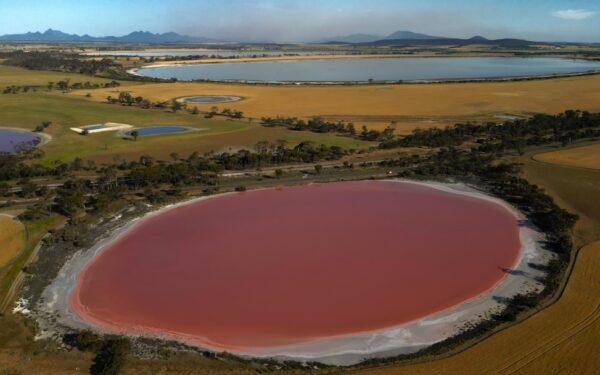 An aerial view of a red lake surrounded by fields — Finger Lakes Airbnbs with Lake Access Worth Booking