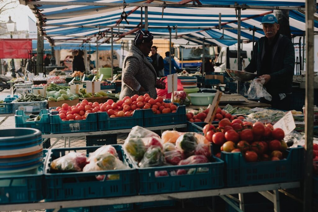Red and white fruit display on market