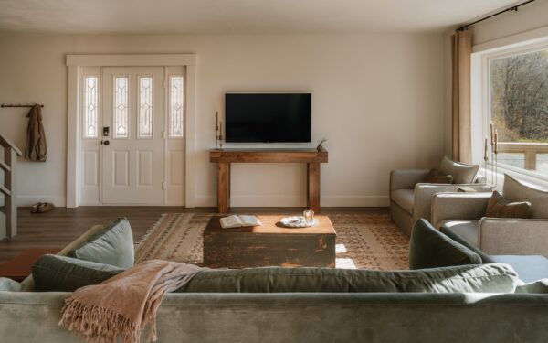 Cozy living room with sofas and television — Skaneateles in Summer: Lake, Shops, and the Best of a Small Town